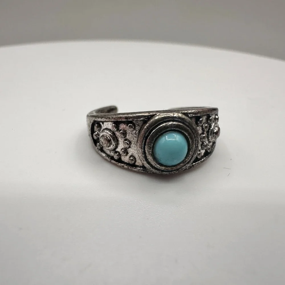 Vintage 90s Silver Tone Blue Glass‎ Cabochon Ring Boho Women's Classic Jewelry